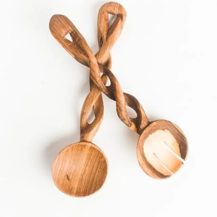 Olive Wood Spiral Salad Servers