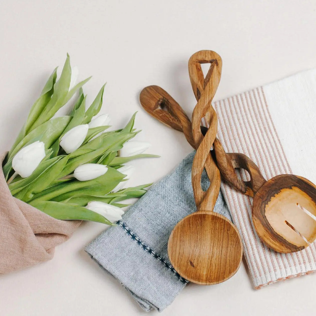 Olive Wood Spiral Salad Servers